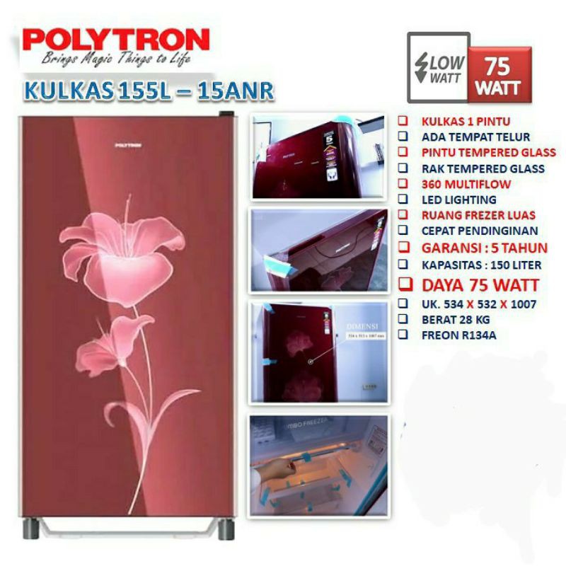 Kulkas POLYTRON Belleza 1 pintu 150 liter PRA 15ANR