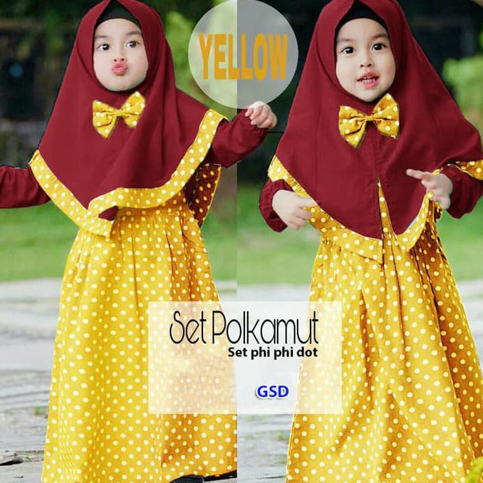 Set Polkamut Kuning/Setelan Dress Gamis Anak+Bergo/Set Baju Maxi Anak
