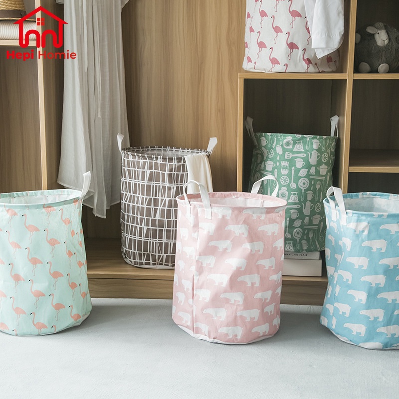 [HH] KERANJANG LAUNDRY BAJU CUCIAN PAKAIAN KOTOR BAHAN KAIN MOTIF BULAT LIPAT / BASKET STORAGE BAG