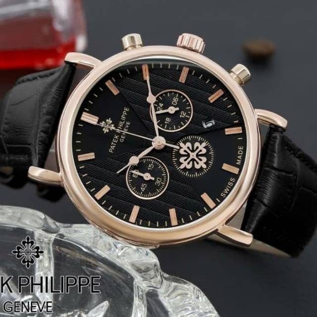 Jam Tangan Pria/Cowok Patek Philippe Kulit Chorono Aktif Free Box dan Baterai Cadangan