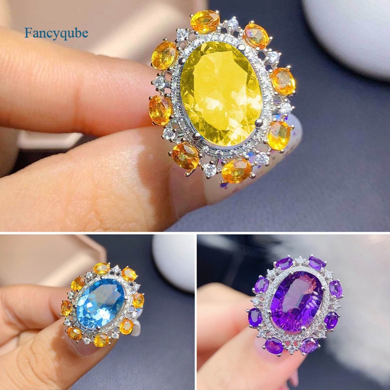 Fancyqube Cincin Cubic Zircon Bentuk Oval Gaya Eropa Dan Amerika Untuk Wanita