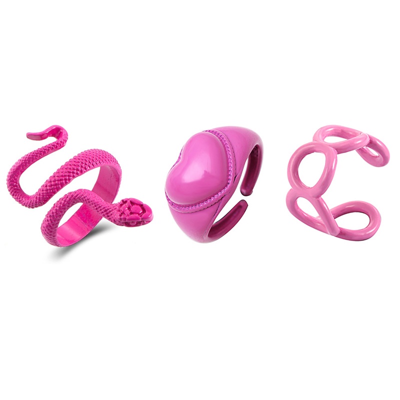 3pcs Cincin Bentuk Ular Warna Pink Bahan Metal Untuk Wanita