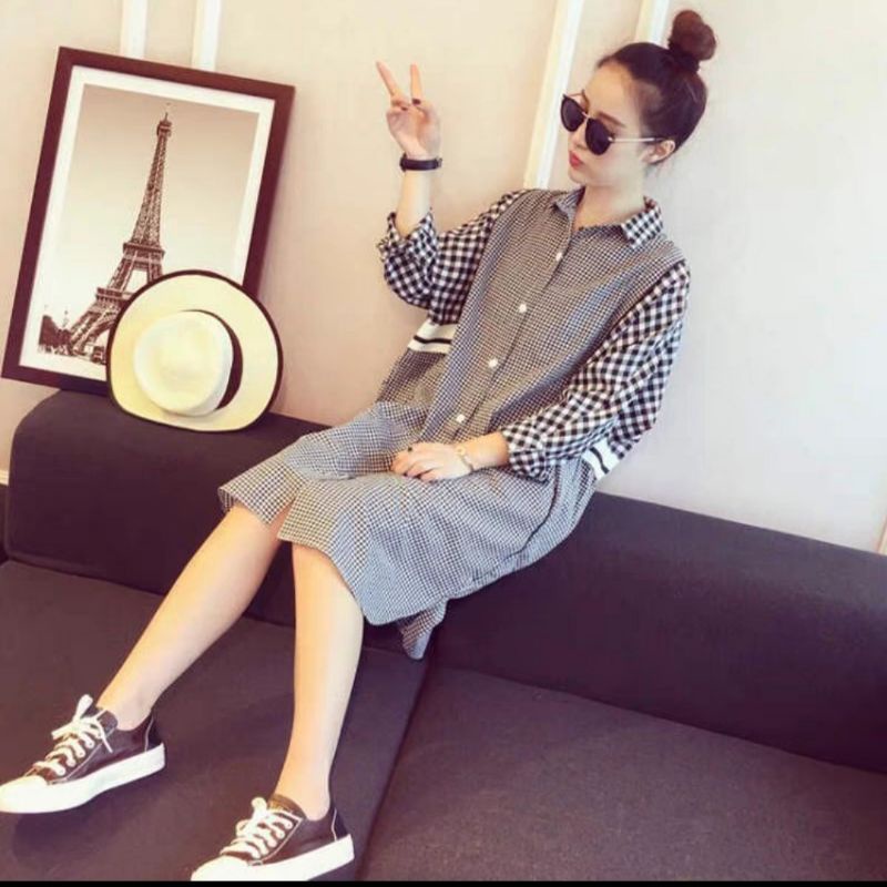 MDLV ~ 1854# Plaided Long Shirt Dress Kemeja Kotak Fashion Import