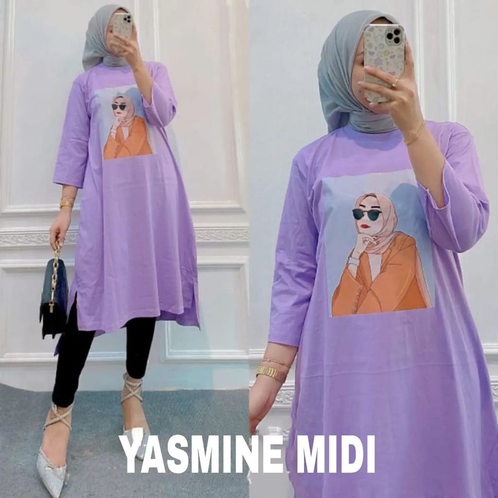 Dress Wanita Terbaru Yasmine Midi Matt Combed 24s Aksen Sablon Midi Dress Jumbo Ootd Kekinian Korean Style Gamis Cewek Dewasa