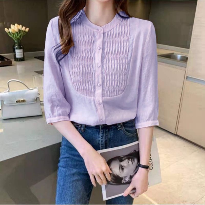 MDLV - 5292# Dorrisa Pleated Bust Top Blouse Korea Blouse Premium Blouse Import Fashion Import