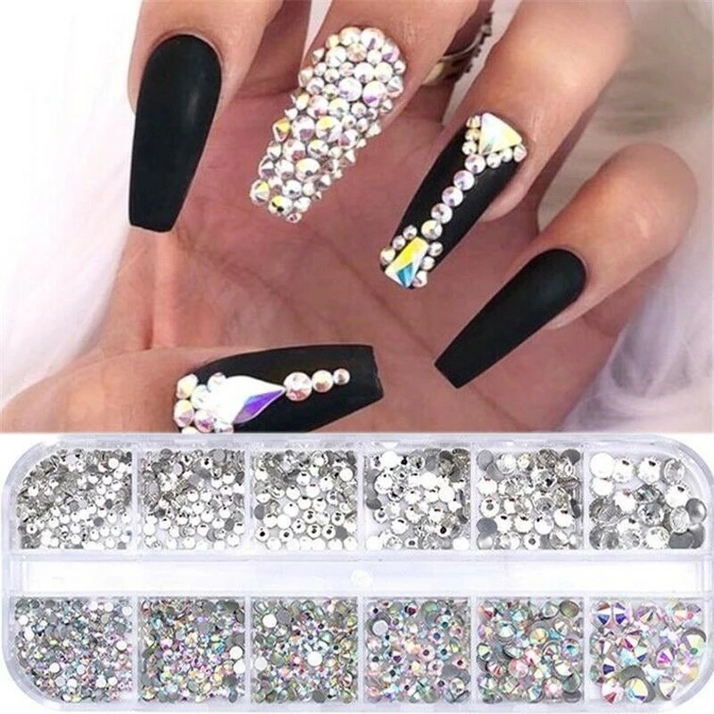 12 Grid / Set Ornamen Kristal Berlian Imitasi 3D Glitter Kaca Gem Sequins AB Untuk Dekorasi Nail Art