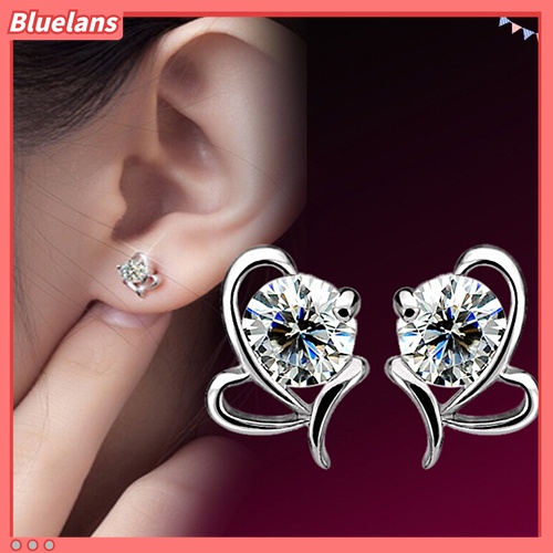 Anting Stud 925 Sterling Silver Bentuk Hati Bulat Aksen Zircon Untuk Wanita