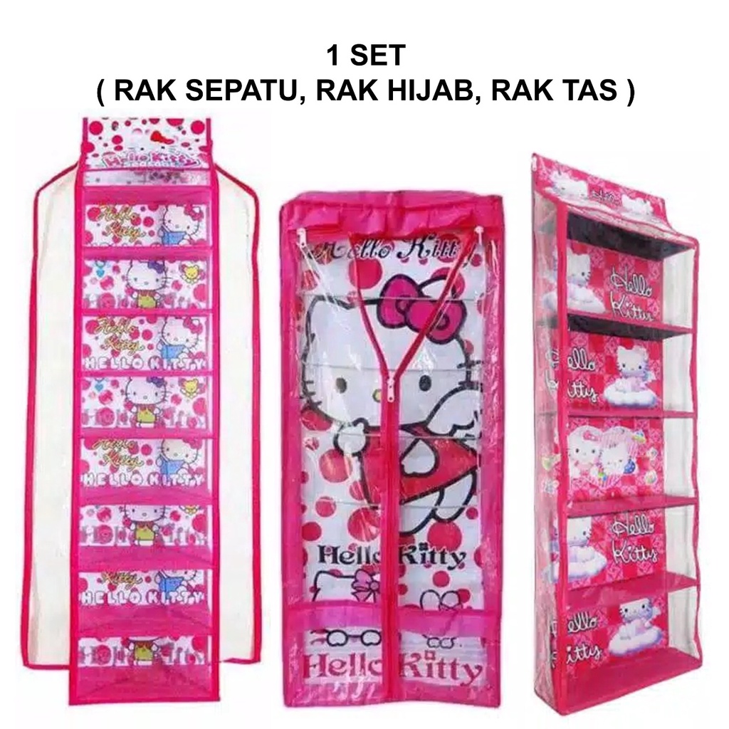 RAK SET 4 IN 1 ( Rak Tas ,Rak Sepatu , Rak Jilbab , Rak kosmetik ) gantung-pink 3 in 1