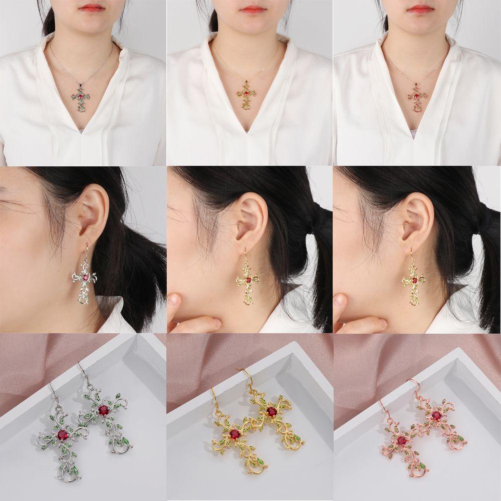 R-flower Kalung Anting Fashion Emas Perak Bunga Daun Liontin Salib