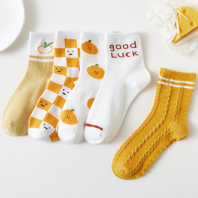 [COD] Kaos Kaki Wanita Panjang Diatas Matakaki Setinggi Betis Kaos Kaki Fashion Import Ala Korea Motif Kuning Jeruk Cute