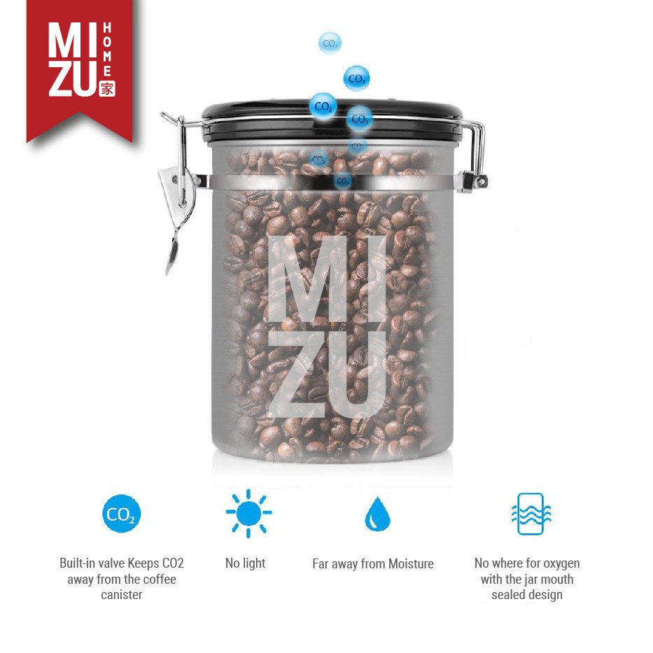 MIZU HERMETIQUE 1800ml TIMER Airtight Coffee Canister Stainless Steel Toples Kopi Kedap Udara