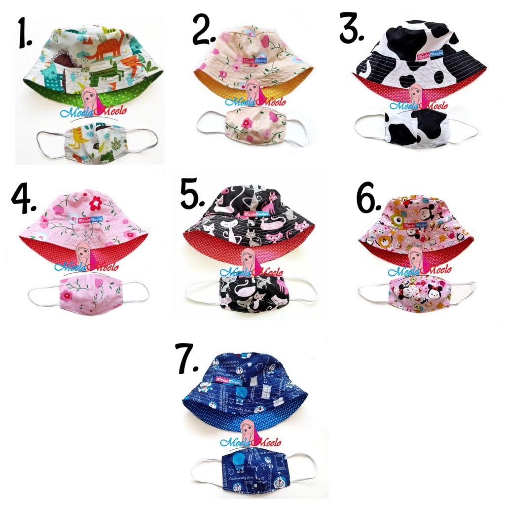 COD SET TOPI BUCKETHAT DAN MASKER ANAK/BAYI | MASKER ANAK 2 LAPIS | TOPI MOTI