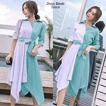 Bimbi /Baju Kerja Cewek Terusan Dress Wanita Santai Kerah Kemeja Ada Belt Bahan Twiscone Kombi Katun Salur Size L