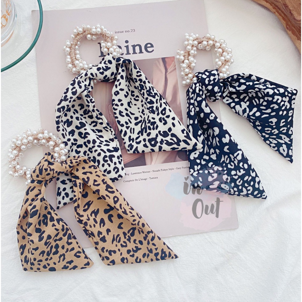 Ikat Rambut Mutiara Aksen Kain Scarf RIbbon Motif Wanita Korea Hair Fashion Aksesoris rambut / Ikat rambut Pita anak dan Dewasa ACC01