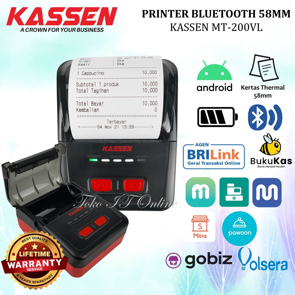 Kassen MT 200VL / MT 200 Mini Printer Thermal Bluetooth Portable MT 200VL  / MT200 PPOB Cetak Struk Kasir 58mm Moka Pawoon Olsera Majoo