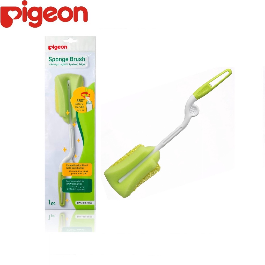 PIGEON SPONGE BRUSH 360 Rotary Handle - Sikat Busa Botol Bayi PP / PPSU Slim Standar / Wide Neck - KEMASAN TERBARU - BPA FREE