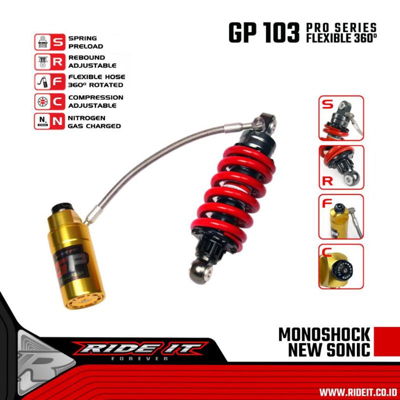 Monoshock tabung pisah Fleksibel Sonic 150, Supra GTR Ride it GP 103 Gold Series As Black