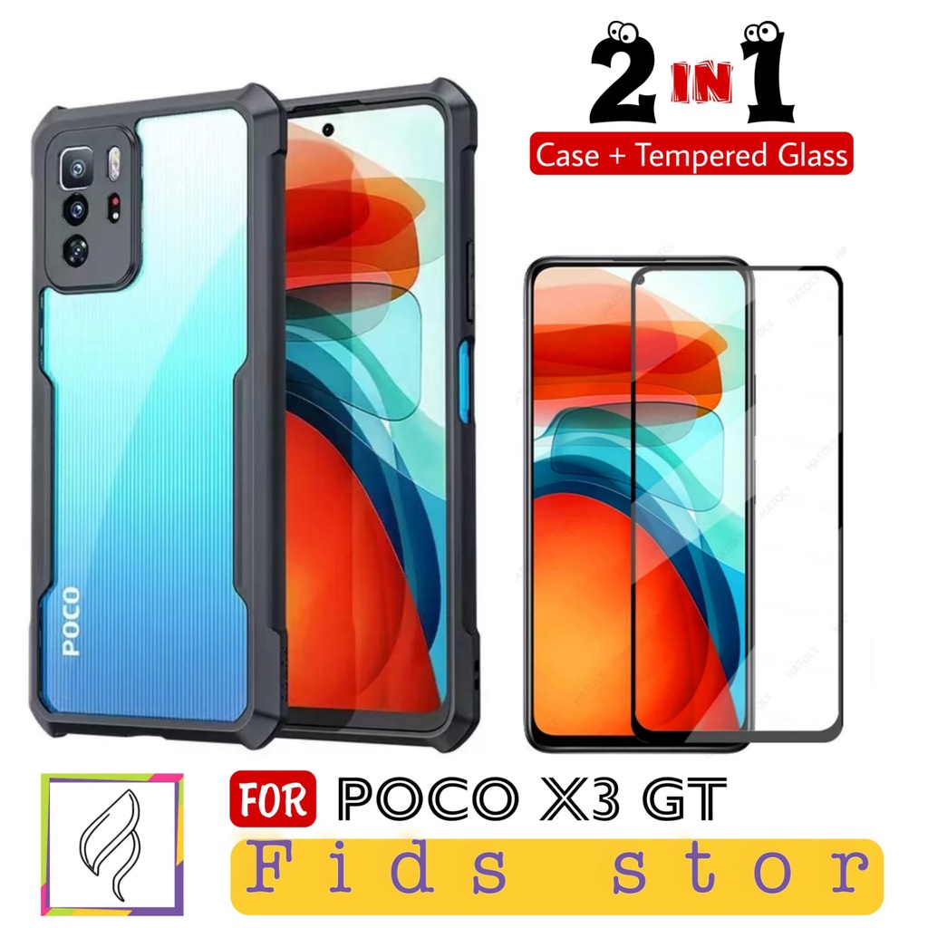 PROMO 2in1 CASE XIAOMI POCO X3 GT Case ShockProof Transparan Free Tempered Glass Full Cover Black