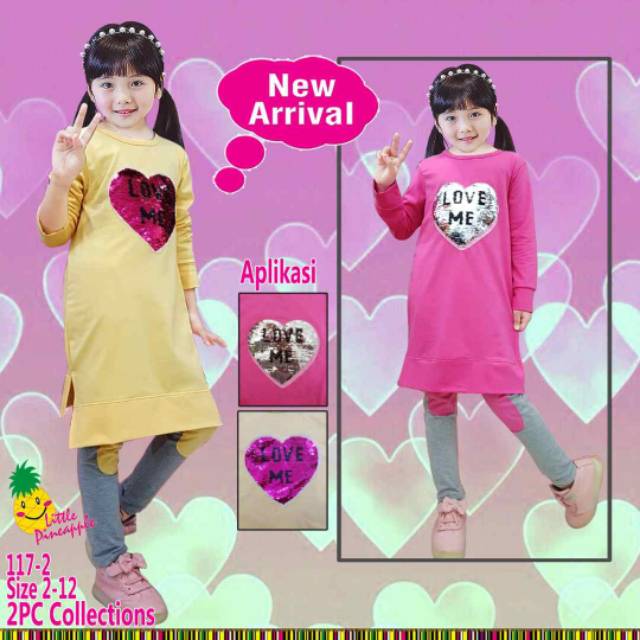 ( LP.117-2 ) Setelan Tunik Sequin Love No.2 (3-4th)