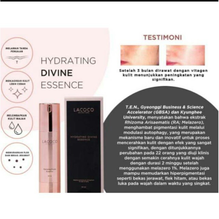 lacoco hydrating divine essence memperbaiki trkstur kulit,mencerahkan ,melembabkan dan kenyal
