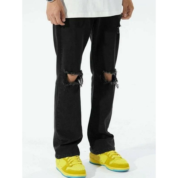 CELANA SOBEK PRIA RIPPED JEANS ROBEK STANDAR REGULER BASIC HITAM 27-38