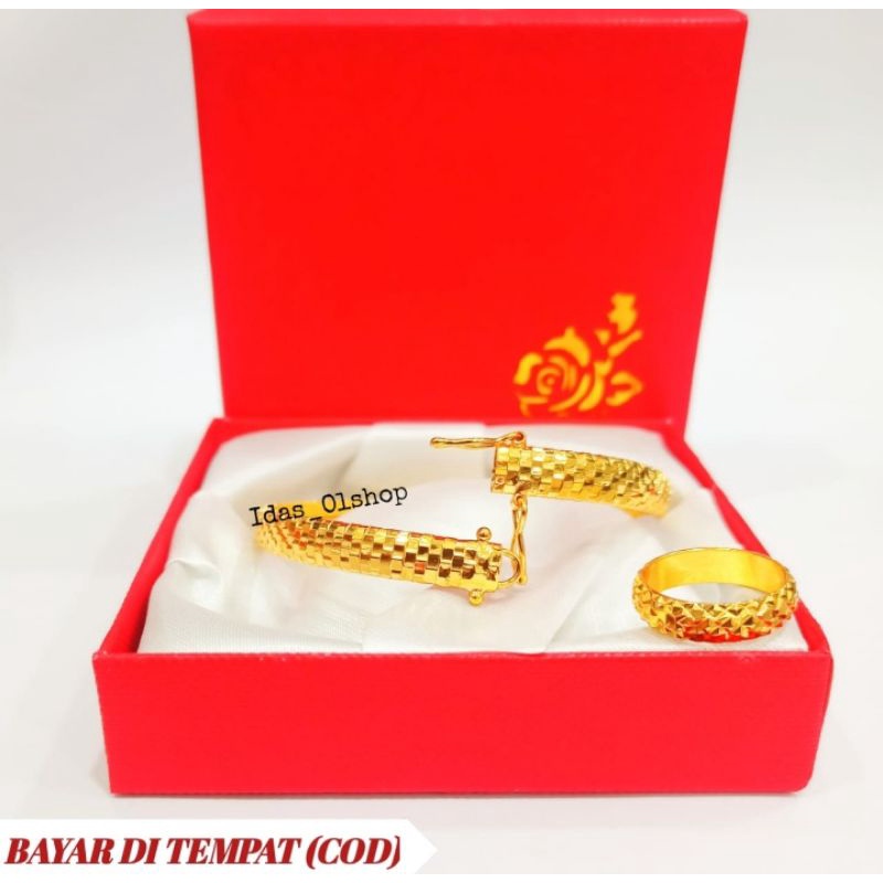 Gelang Bangkok sisik Free Cincin+KOTAK,Logam emas Hongkong perhiasan Anti Karat Trendy