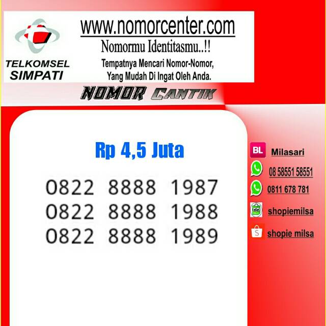 Nomor Cantik Simpati Seri Tahun 1987/1988/1989 _ 0822 8888 1989 Super Rapi #NC2 283