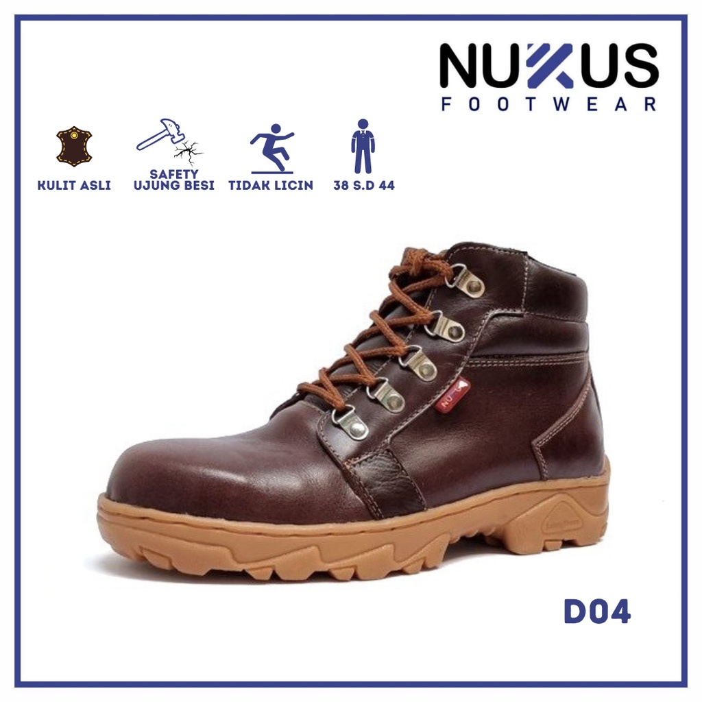 Nukus Sepatu Safety Boots Pria Kulit Asli Coklat Tua - D04