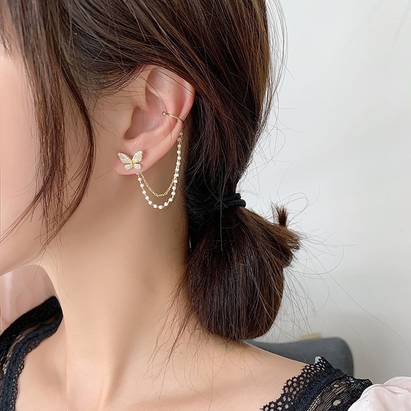 New style Korean asymmetrical pearl tassel butterfly earrings ear bone clip