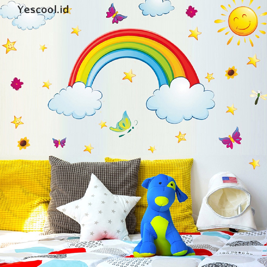 【Yescool】 Pretty Shining Stars On Rainbow Cloud Butterflies Wall Stickers Room Decor Decal .