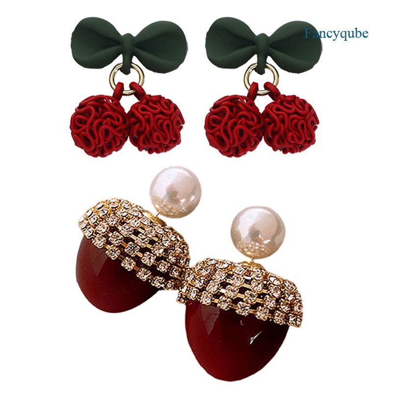 Fancyqube Anting Stud Kristal Mutiara Berlian Imitasi Model Pita Bunga Cherry Merah Untuk Wanita