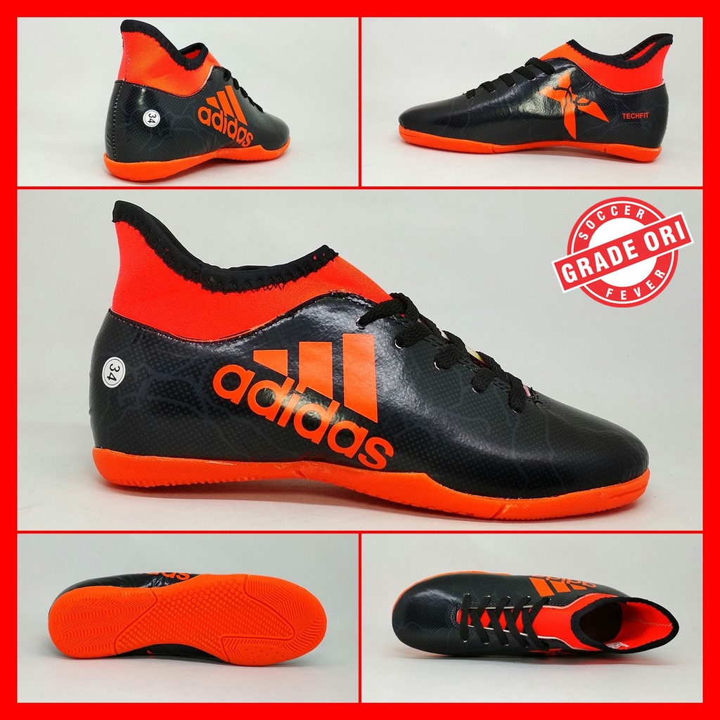Sepatu Futsal Anak Adidas X Techfit Boot Grade Original Hitam Orange Kids Size 33-37 Terbaru 2018