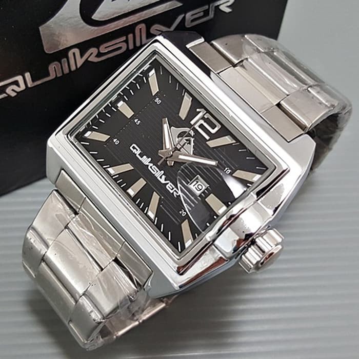Jam Tangan Pria / Cowok  Segi Date Rantai Silver Hitam