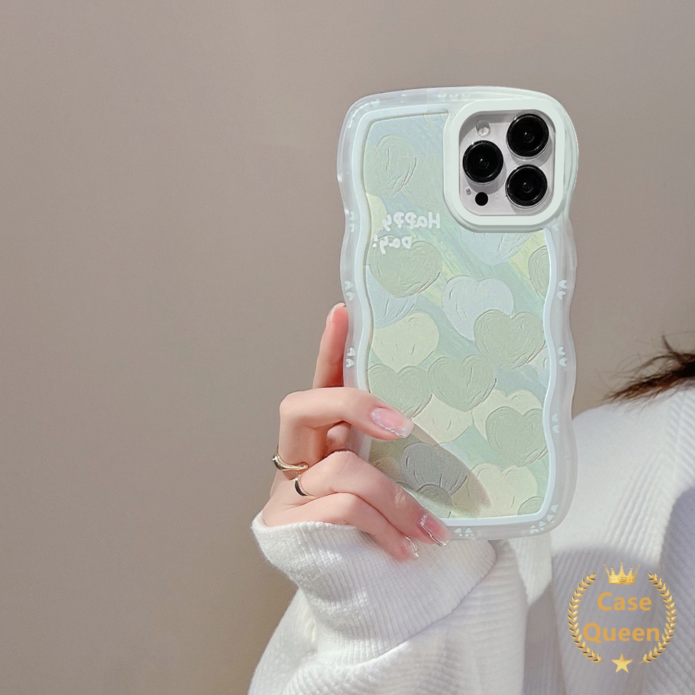 Case Oppo A17 A57 2022 A54 A7 A16 A15 A5s A53 A33 2020 A16s A12 A3s A17K A15s A11K A35 A12e A32 Lukisan Cat Minyak Hijau Love Hati New Wavy Edge Pelindung Kamera Soft Cover