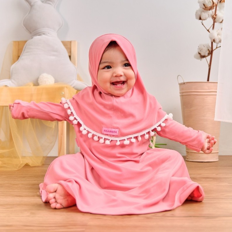 Gamis Bayi Perempuan Pompom Jersey Import / Gamis Anak Khaireen Newborn 1 Tahun / Gamis Bayi