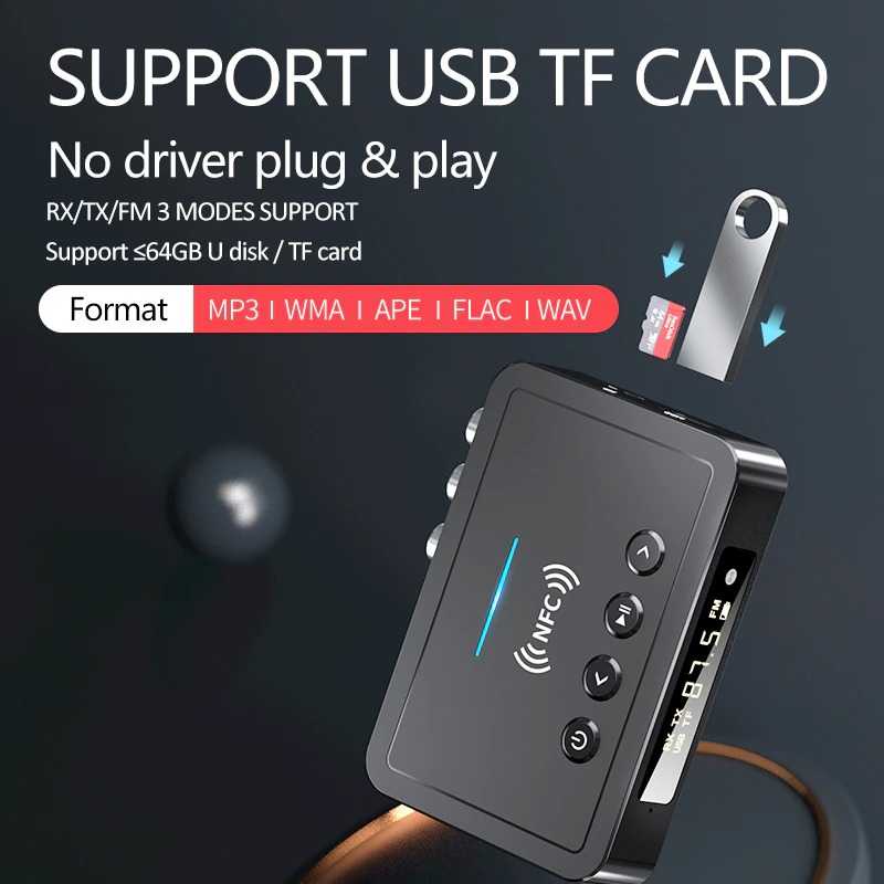 Universal Bluetooth 5.0 Receiver Transmitter Mode FM Coaxial AUX NFC Alat Pengubah Speaker Port Remote Berkualitas