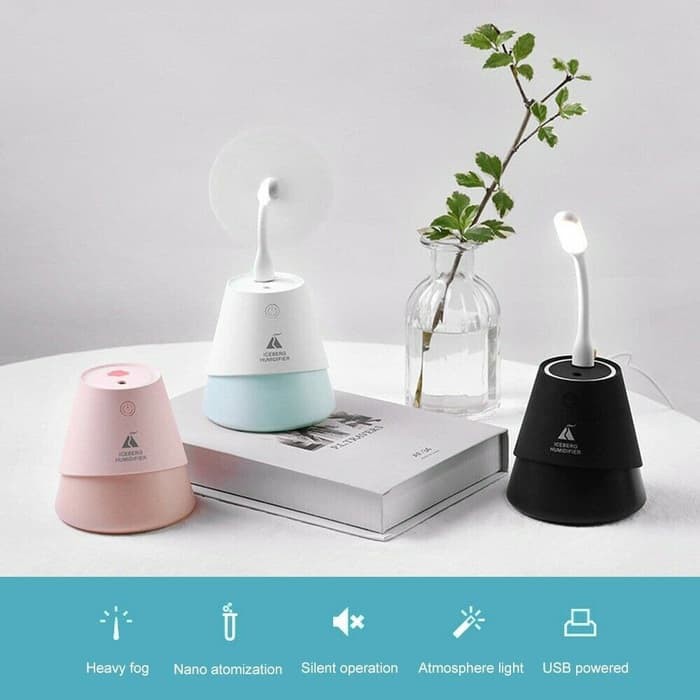 Iceberg Air Humidifier USB Mini Fan Cool Mist LED Light Pelembab Udara