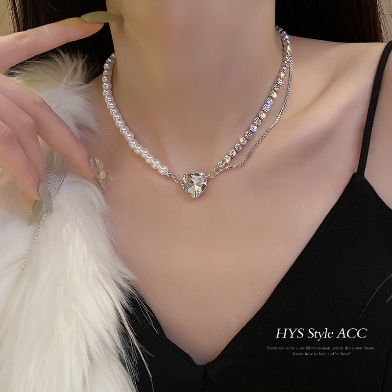 Kalung Mutiara Fadeless Fashion Wanita Korea High-end Bentuk Hati Berlian Liontin Kalung