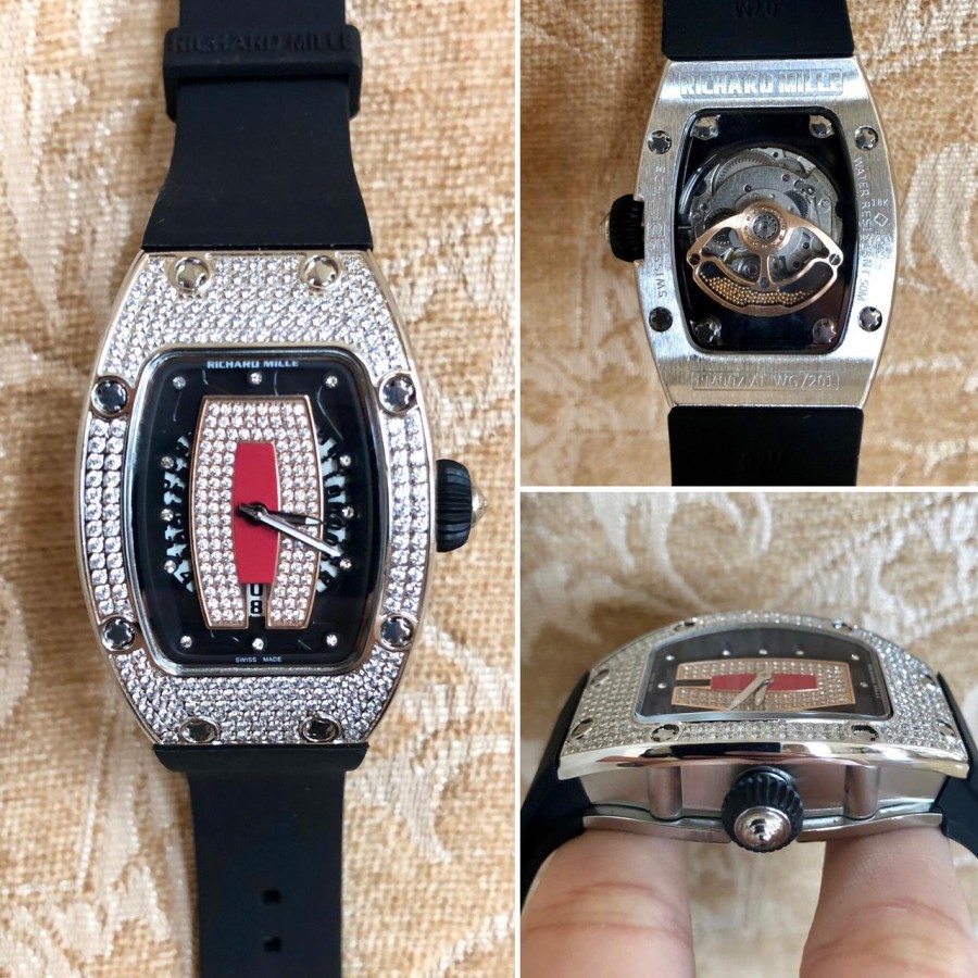 Big Sale Jam Tangan Wanita RM 007 Diamond Silver Black Rubber Garansi 1th