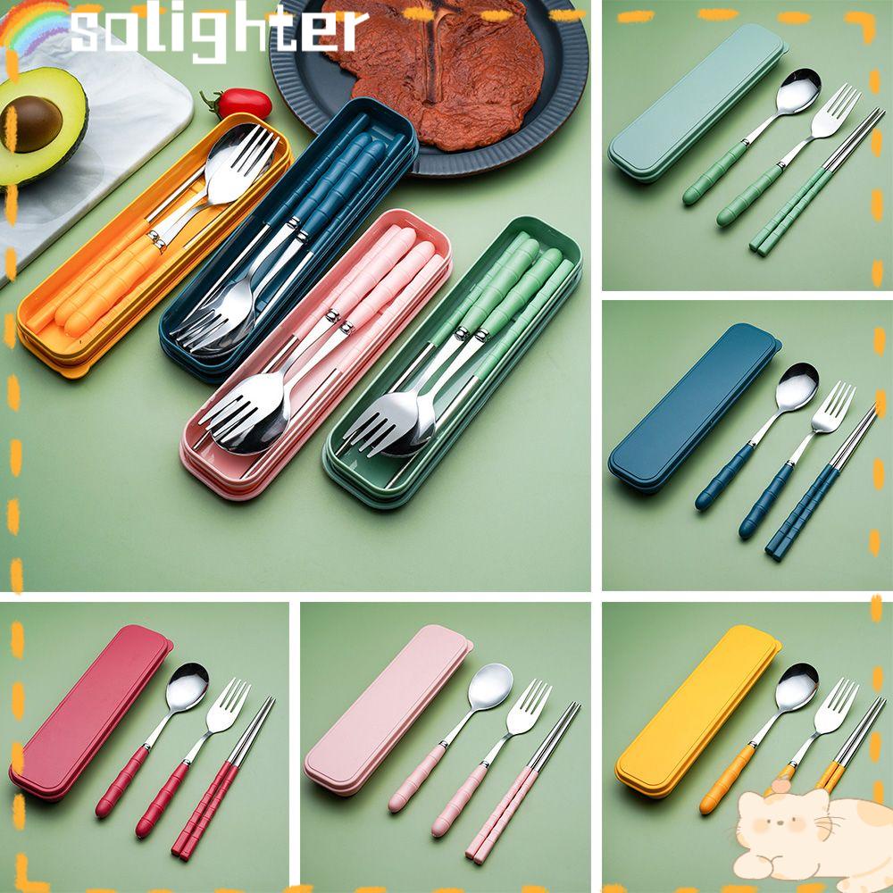 Solighter 3Pcs / set Sendok + Garpu + Sumpit Reusable Bahan Stainless Steel Dengan Kotak Penyimpanan