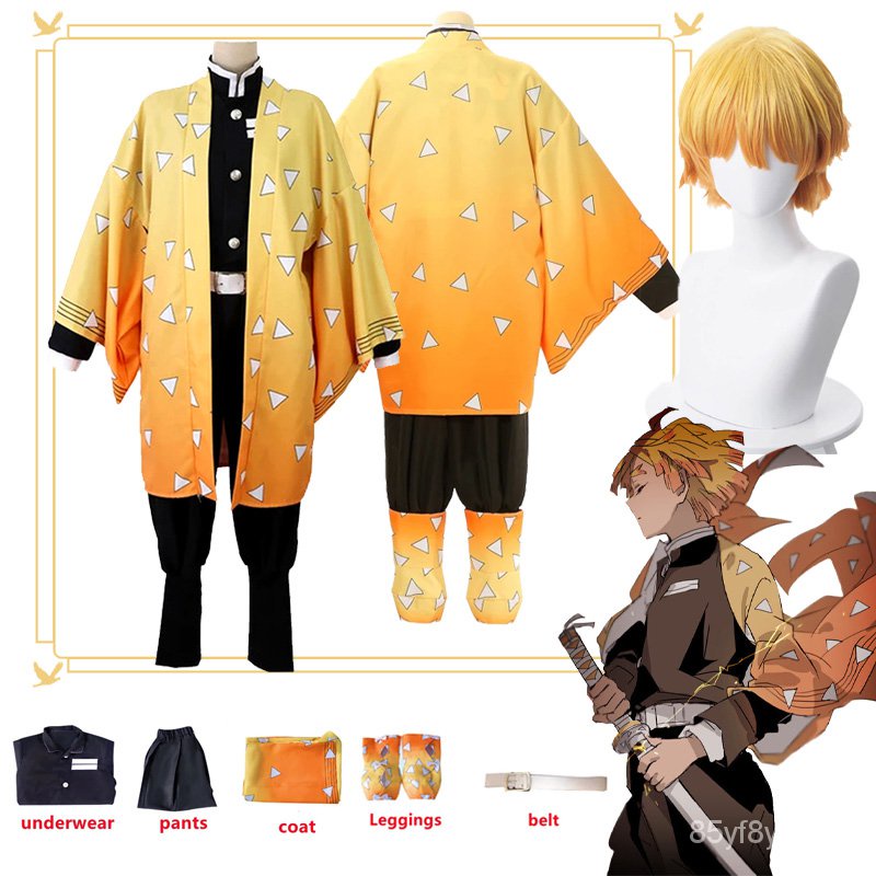 Demon Slayer Agatsuma Zenitsu Cosplay Costume Anime Kimetsu No Yaiba Zenitsu Wig Adult Kids Kimono U