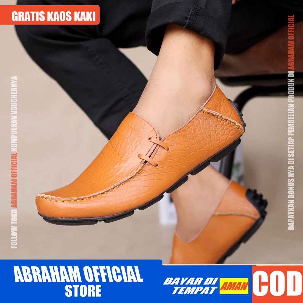 ABRHM x MOCLAY Sepatu Slip On Kasual Pria Sepatu Slop Santai Mokasin Kulit Asli Cowok Sepatu Kerja Pantofel Kantor Ori Gaya Keren Kekinian