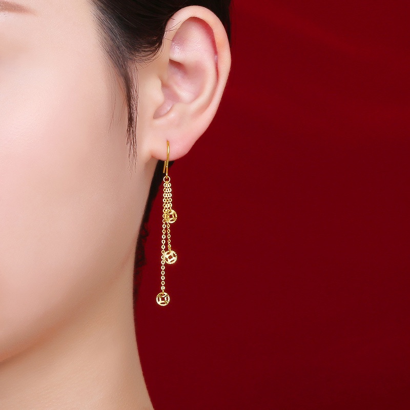 Anting Rumbai Koin Emas Emas Asli Kadar 375 Bahan Tembaga Gaya China Untuk Wanita