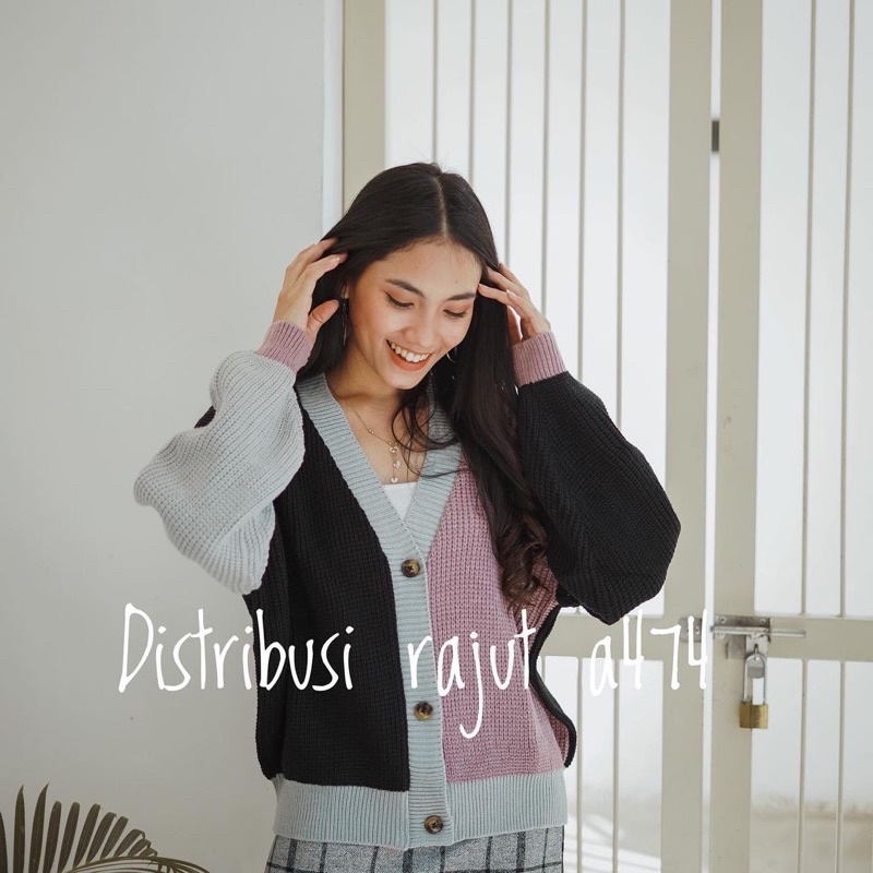 ROXANE MIC ABSTRAK TWO TONE CARDIGAN RAJUT OVERSIZE JUMBO PREMIUM COMBINE WANITA TEBAL JUMBO