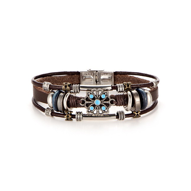 LRC Gelang Tangan Fashion Silver Faux Leather Bracelet Floral Inlay Turquoise Bracelet D09734