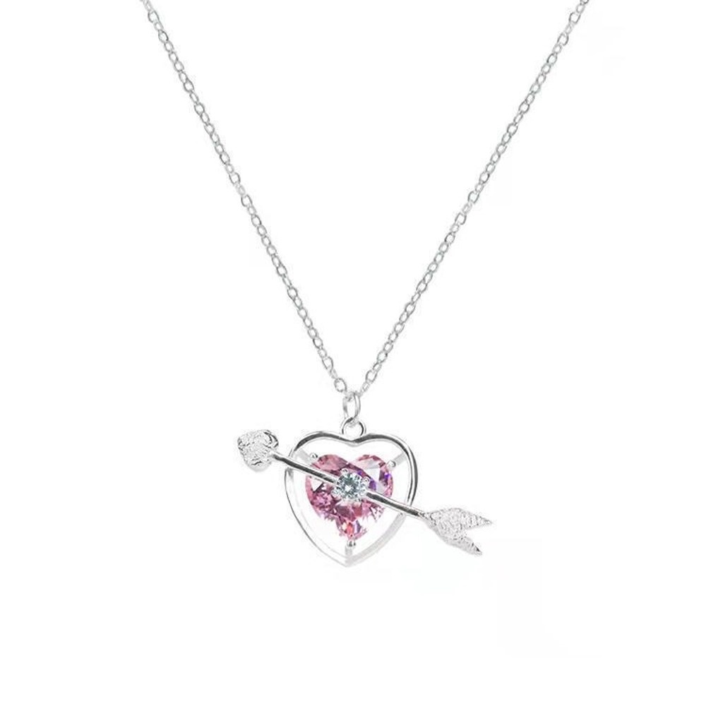 Kalung Desain Panah Cupid Hati Aksen Berlian Warna Pink Untuk Hadiah Pacar Perempuan