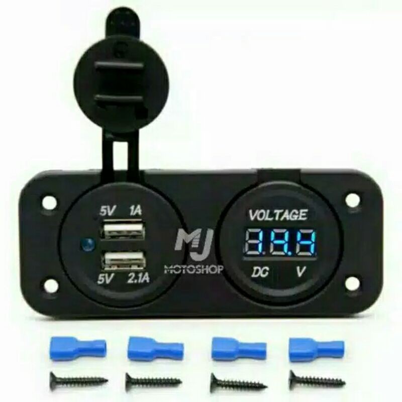 CHARGER MOTOR N-MAX DUEL USB PORT DENGAN VOLMETER WATERPROOF/VOLMETER BIRU/VOLMETER RED