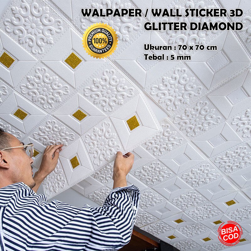 Wallpaper 3D Foam Wall Sticker Dinding Timbul Busa Tebal 3 Dimensi Diamond Glitter 70x70 cm Wallstic