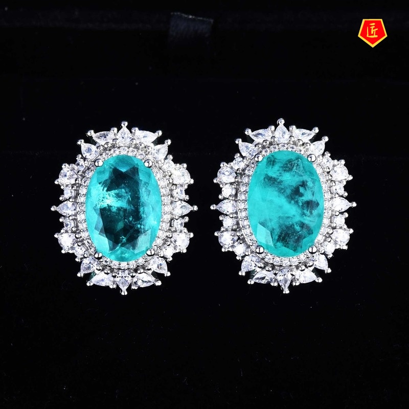 [Ready Stock]Natural Paraiba Necklace Luxury Gems Stud Earrings Jewelry Set