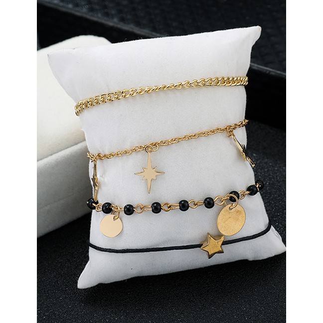 LRC Gelang Kaki Fashion Gold Geometric Alloy Disc Rice Beads Five-pointed Star 4 Layer Anklet D09315